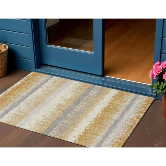 HomeRoots 598346 3 x 5 ft. Gold, Copper & Gray Striped Washable Indoor & Outdoor Rectangle Area Rug