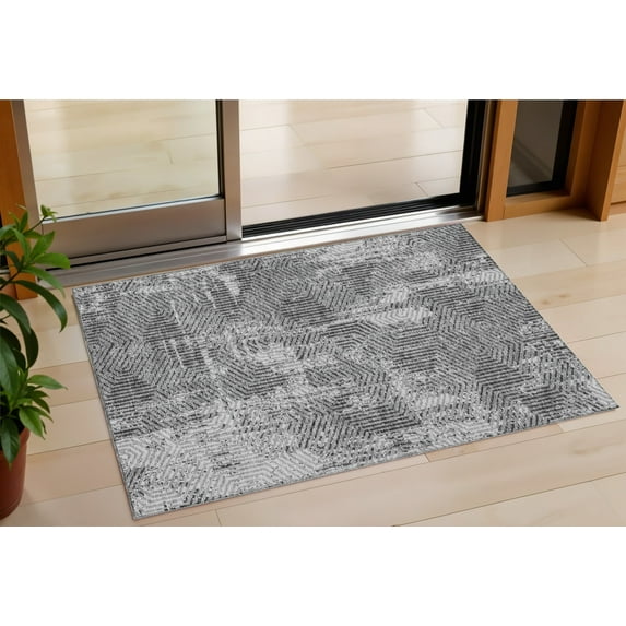 3' X 5' Gray And Charcoal Geometric Washable Indoor Outdoor Area Rug