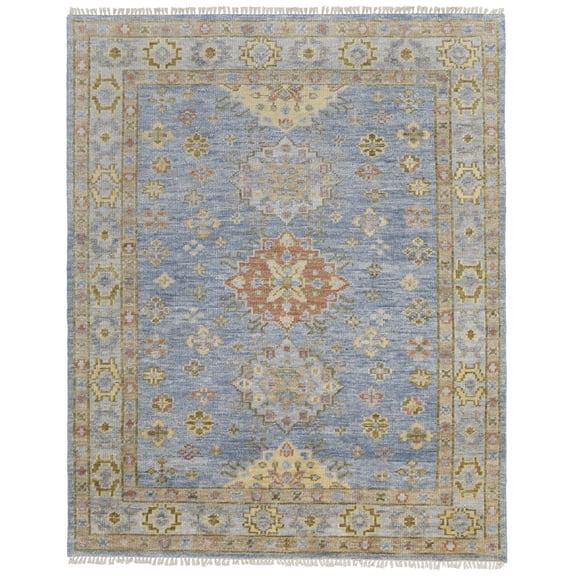 3' X 5' Green Blue and Yellow Wool Geometric Hand Knotted Area Rug With Fringe