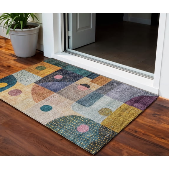 HomeRoots 604408 3 x 5 ft. Green, Purple & Blue Geometric Washable Indoor & Outdoor Rectangle Area Rug