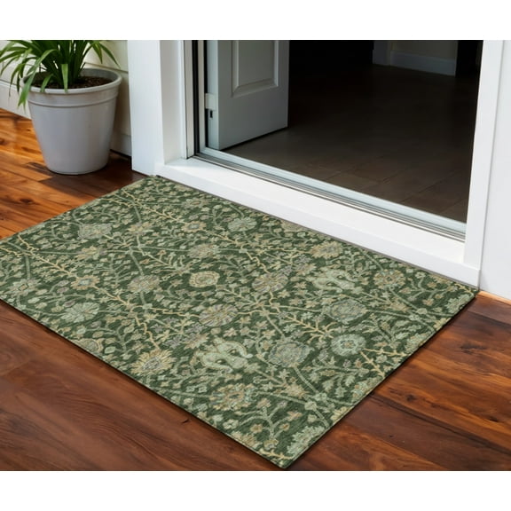 HomeRoots 603461 3 x 5 ft. Green, Tan & Gray Floral Washable Indoor & Outdoor Rectangle Area Rug