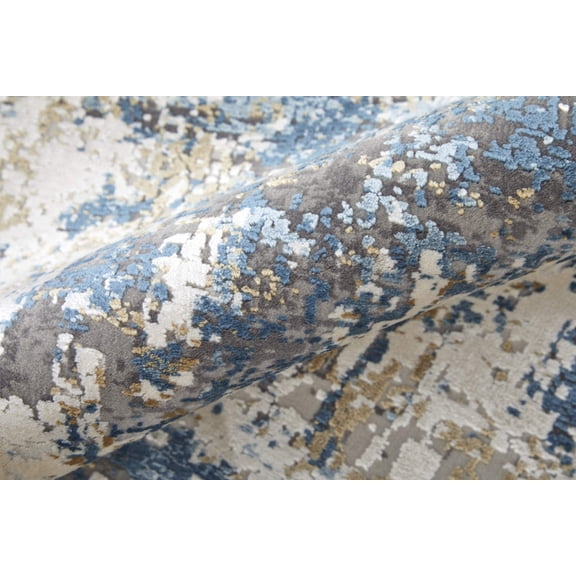 HomeRoots 566032 3 x 5 ft. Abstract Power Loom Rectangle Area Rug with Fringe, Ivory, Tan & Blue