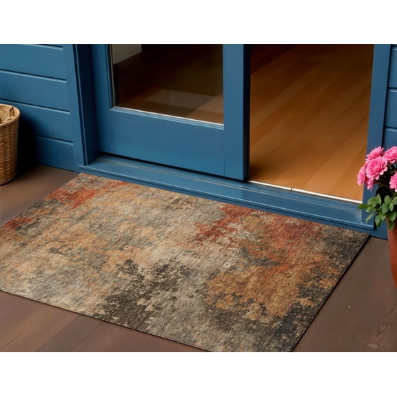 HomeRoots 606134 3 x 5 ft. Khaki, Brown & Copper Abstract Washable Indoor & Outdoor Rectangle Area Rug