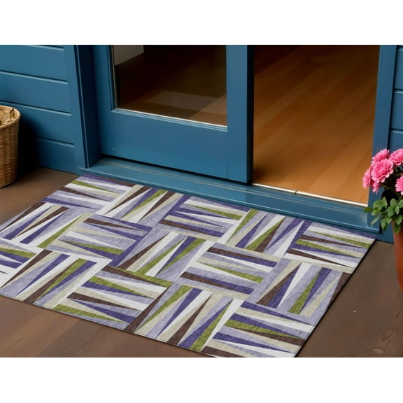 HomeRoots 598274 3 x 5 ft. Lavender, Brown & Green Geometric Washable Indoor & Outdoor Rectangle Area Rug