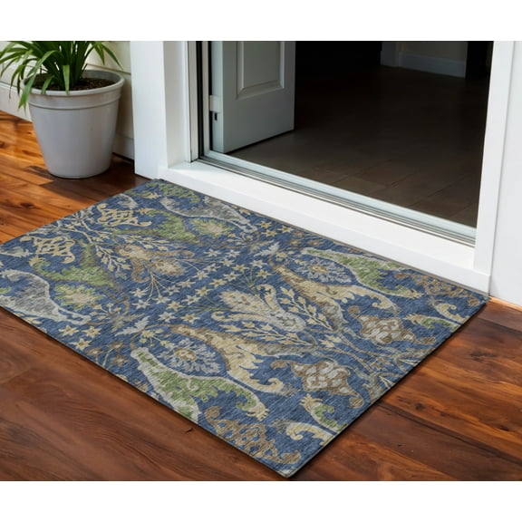 HomeRoots 605289 3 x 5 ft. Navy Blue, Green & Brown Floral Washable Indoor & Outdoor Rectangle Area Rug
