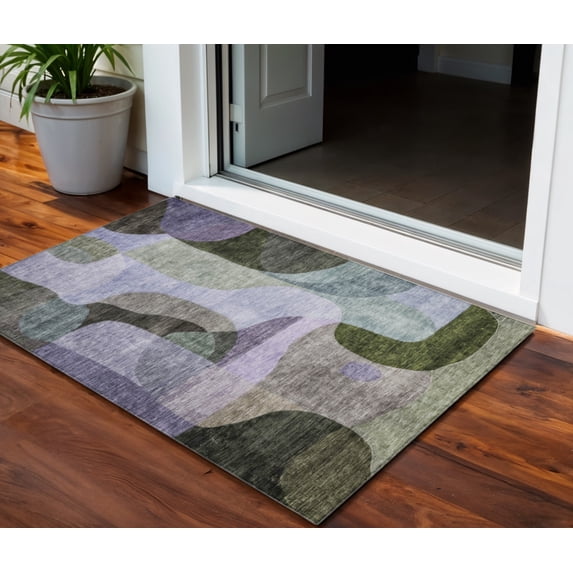 HomeRoots 604444 3 x 5 ft. Olive Green, Purple & Charcoal Abstract Washable Indoor & Outdoor Rectangle Area Rug