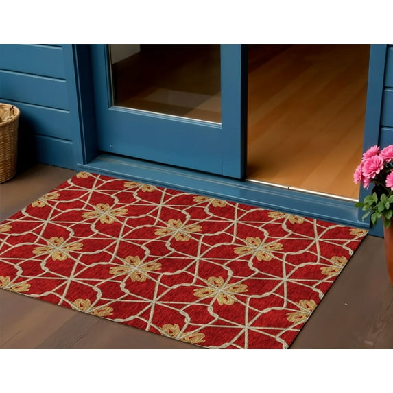 3' X 5' Orange And Gold Geometric Washable Indoor Outdoor Area Rug
