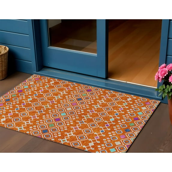 HomeRoots 612208 3 x 5 ft. Orange, Blue & Purple Geometric Washable Indoor & Outdoor Rectangle Area Rug