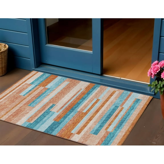 HomeRoots 613308 3 x 5 ft. Orange, Teal Blue & Salmon Striped Washable Indoor & Outdoor Rectangle Area Rug