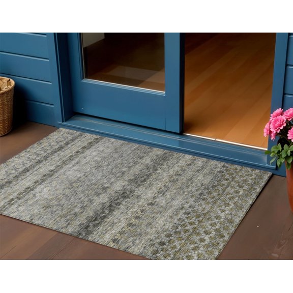HomeRoots 605699 3 x 5 ft. Pewter & Green Striped Washable Indoor & Outdoor Rectangle Area Rug