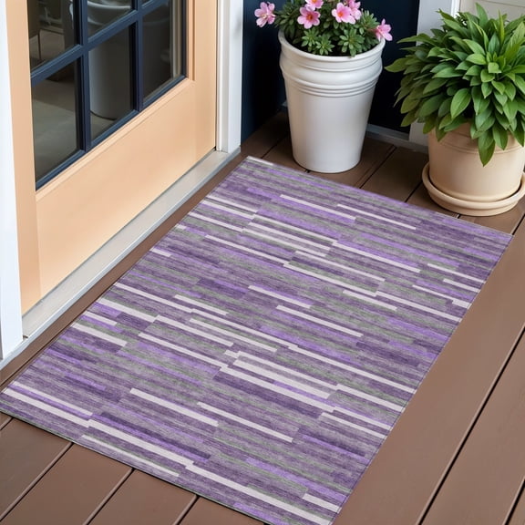 HomeRoots 593138 3 x 5 ft. Purple & Gray Striped Washable Indoor & Outdoor Rectangle Area Rug