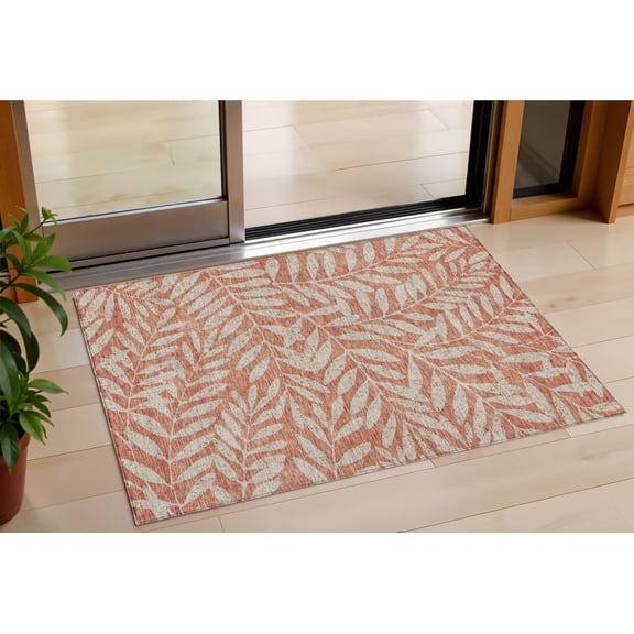 3' X 5' Salmon And Gray Floral Washable Indoor Outdoor Area Rug