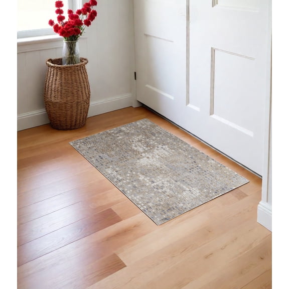 3' X 5' Tan Ivory and Blue Geometric Power Loom Worn Faded Area Rug