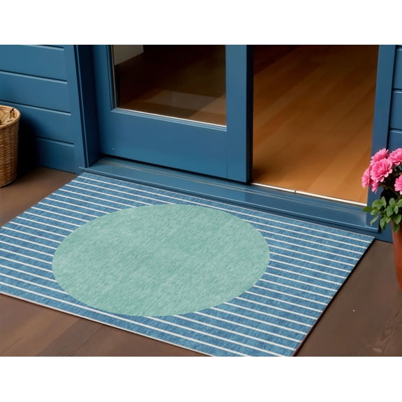 HomeRoots 597199 3 x 5 ft. Teal Blue & Aqua Striped Washable Indoor & Outdoor Rectangle Area Rug