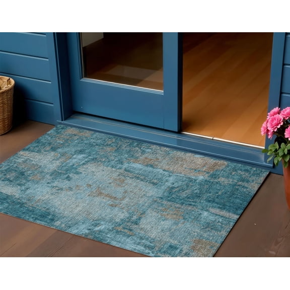 3' X 5' Teal Blue And Gray Abstract Washable Indoor Outdoor Area Rug