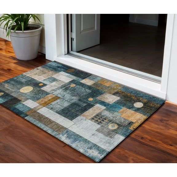 HomeRoots 604482 3 x 5 ft. Teal Blue, Gray & Gold Geometric Washable Indoor & Outdoor Rectangle Area Rug