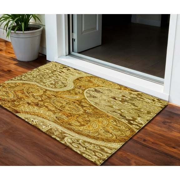 HomeRoots 603203 3 x 5 ft. Terra Cotta, Brown & Gold Floral Medallion Washable Indoor & Outdoor Rectangle Area Rug
