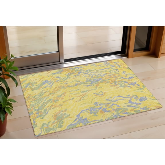 HomeRoots 600330 3 x 5 ft. Yellow, Purple & Green Abstract Washable Indoor & Outdoor Rectangle Area Rug