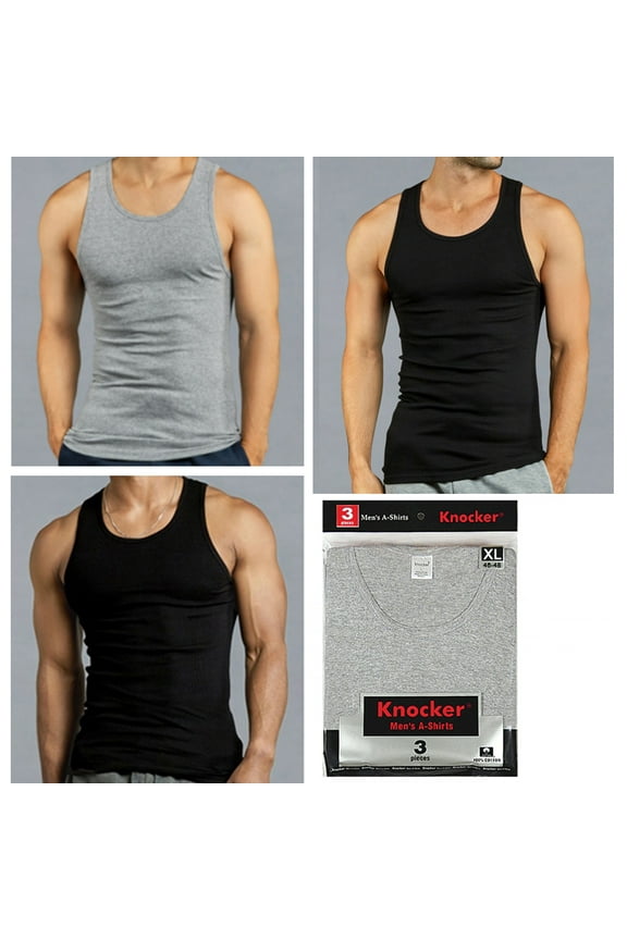 3 X Mens Tank Tops 100% Cotton A-Shirt Ribbed Pack Undershirt Black Gray XLarge