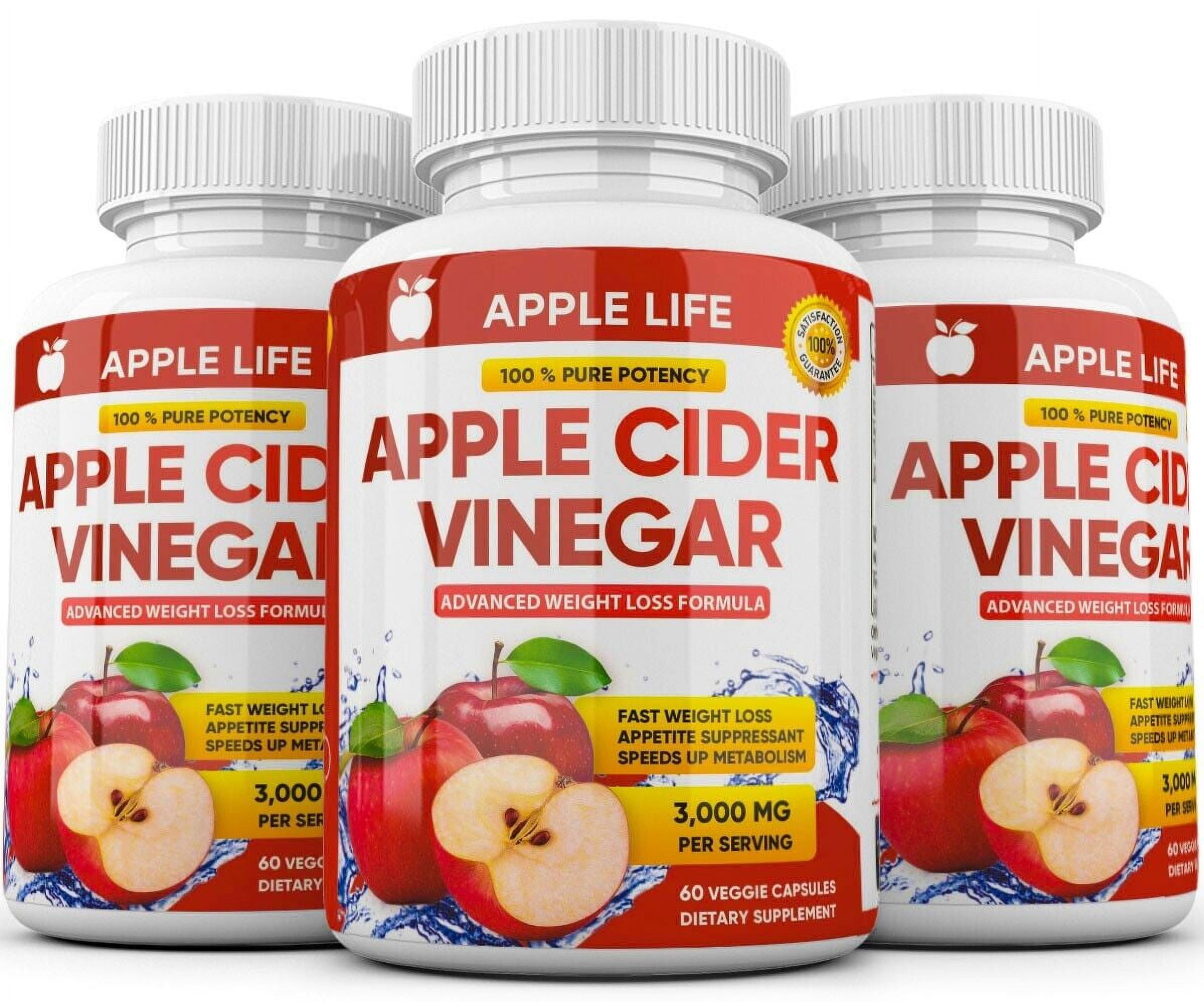 3 X Pure APPLE CIDER VINEGAR ACV 3000mg PURE WEIGHT LOSS FAT