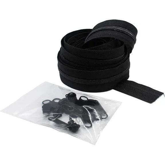 #3 YKK Zipper Black Coil Chain - 25 Non-Locking Sliders - Made in The United States (10 Yards & 25 Non-Locking Sliders)