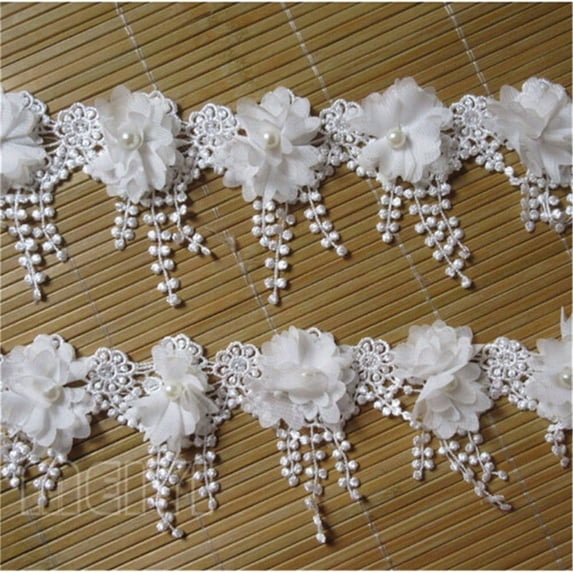 Colour Ribons 3 Yard 3D Chiffon Flower Pearl Beaded Lace Edge Trim Ribbon 3-1/2 ...