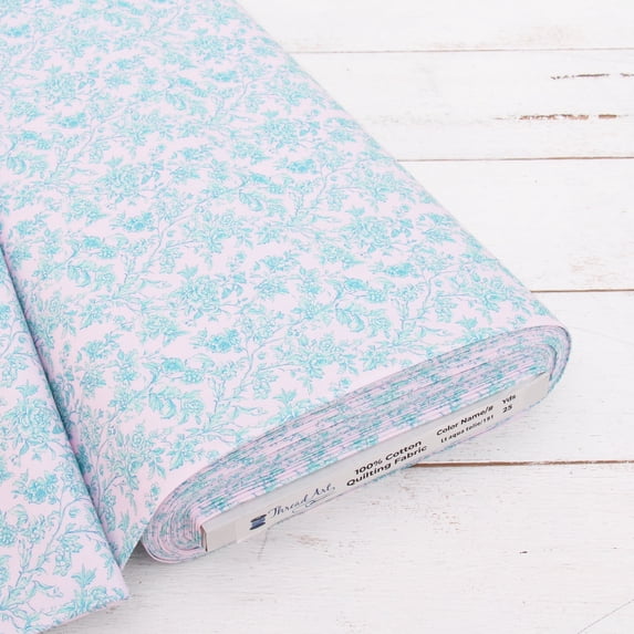 3 Yard Cut Threadart Cotton Quilting Fabric Sold By The Yard - Vintage Threads Collection - 44" Width - 100% Cotton - Quilting, Sewing, Crafts - Light Aqua Toile