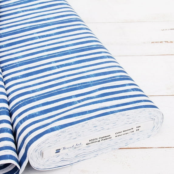 3 Yard Cut Threadart Cotton Quilting Fabric Sold By The Yard - Vintage Threads Collection - 44" Width - 100% Cotton - Quilting, Sewing, Crafts - Medium Blue Stripe