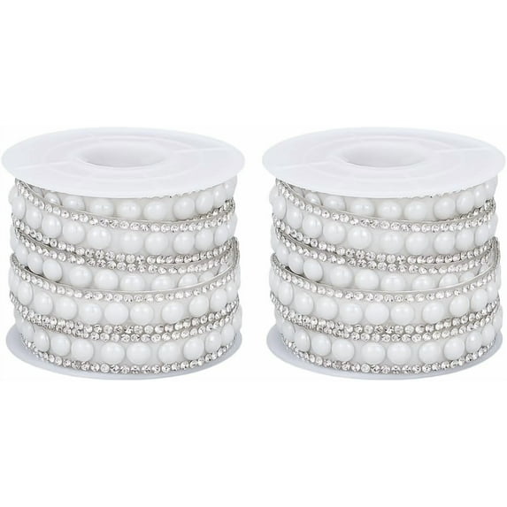 3 Yard Self Adhesive Pearl Ribbon Sticker 0.4 Inch Rhinestone Trim Applique White Pearl Banding Diamond Inlaid Fringe Rhinetones Trim for Clothing Bridal Embellishments Colorful