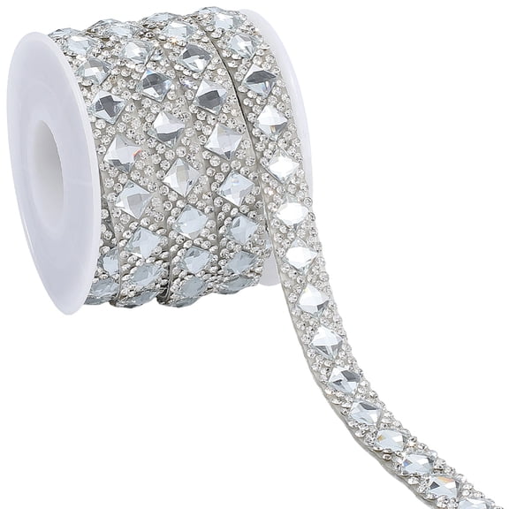 3 Yards 0.39 Inch Self Adhesive Rhinestone Ribbon Roll with Spool Silver Strips Bling Rhombus Diamond Tape Belt Chain Glitter Ribbons