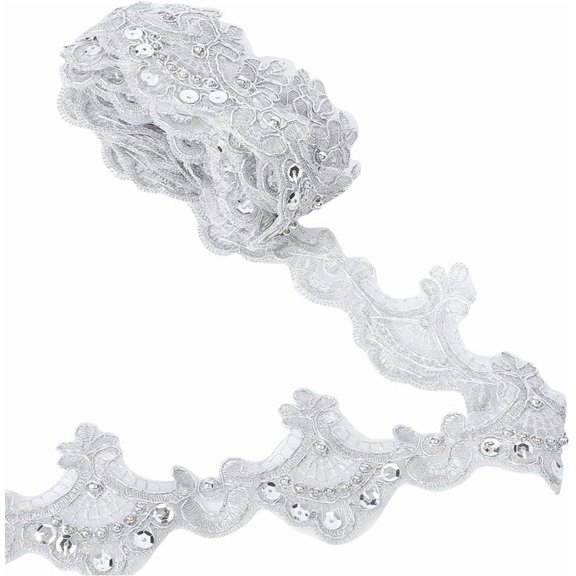 3 Yards 2.4 Inch Silver Venice Lace Trim Metallic Sequin Embroidery Scalloped Sewing Trims Wave Flower Beaded Edge Ribbon Wedding Applique for Curtain Slipcover Bridal Home Decor DIY CraftsSilver