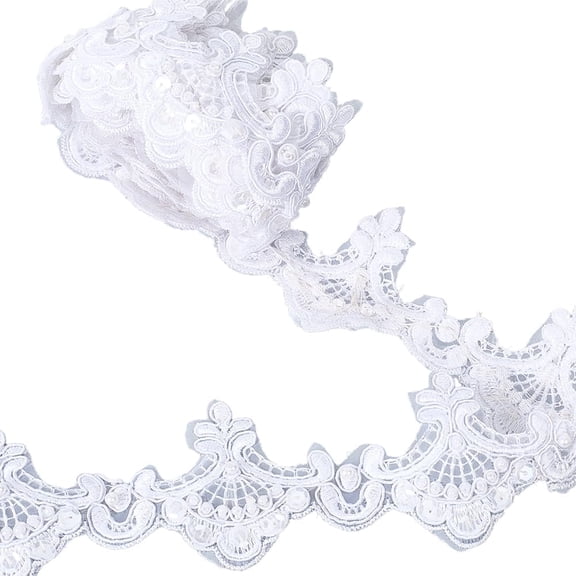 3 Yards 2.4 Inch White Scalloped Sewing Trims Metallic Venice Lace Trim Wave Flower Sequin Beaded Edge Ribbon Embroidery Wedding Applique for Curtain Slipcover Bridal Home Decor DIY Crafts for making