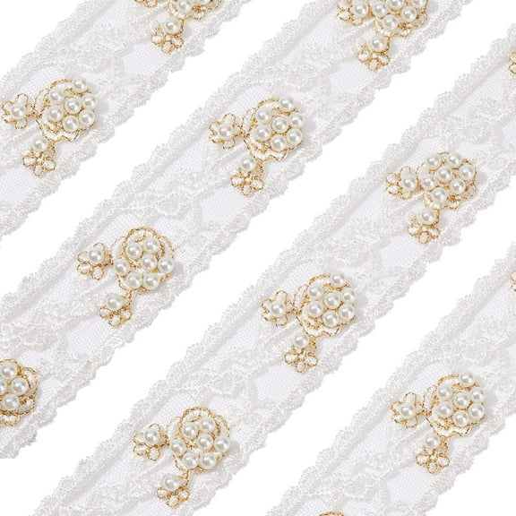 3 Yards/2.74m Floral Embroidery Organza Trim 35mm White Pearl Beaded Edging Trim Vintage Rose Flower Pattern Applique Trim With golden Wire Organza Lace Trim for Wedding Dress Sewing