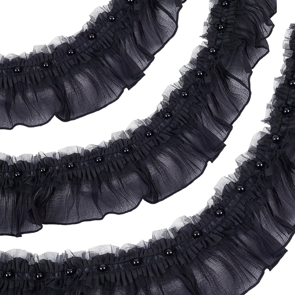 3 Yards 3.86 Inch Black Pearl Beads Ruffle Lace Trim Vintage Pleated ...