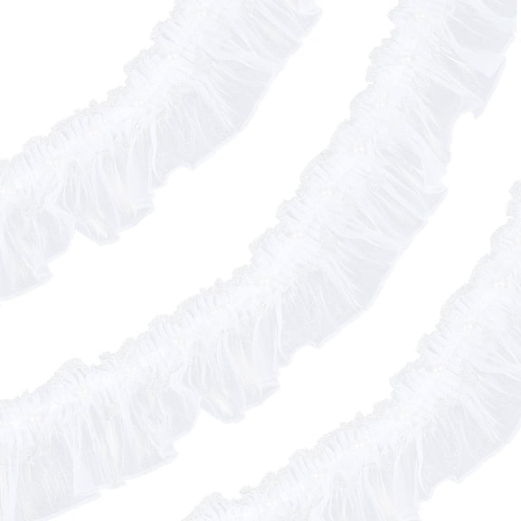 3 Yards 3.86 Inch White Pearl Beads Ruffle Lace Trim Vintage Pleated Sheer Chiffon Fabric Ribbon Wrinkled Wide Trimming