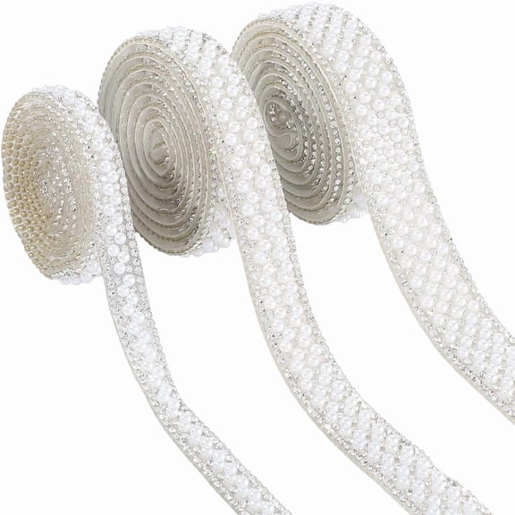 3 Yards 3 Styles Self-adhesion Imitation Pearl with Rhinesatone Hotfix Rhinestone White 10~20x3mm 1 yard/style for Handmade