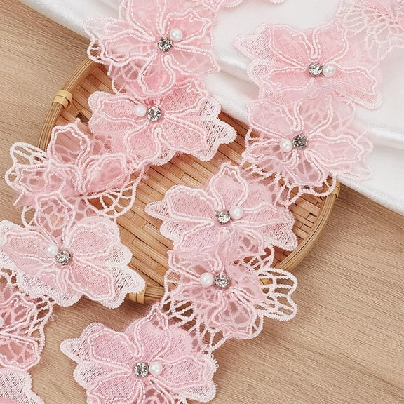 3 Yards 3D Flower Lace Trim Ribbon with Rhinestone Pearl Beaded Double Layer Floral Applique Embroidered Lace Fabric Gauze Blossom Lace DIY for Sewing Clothes Wedding Dress DIY Crafts (Pink)