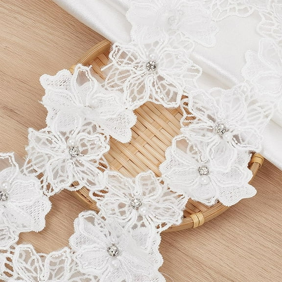 3 Yards 3D Flower Lace Trim Ribbon with Rhinestone Pearl Beaded Double Layer Floral Applique Embroidered Lace Fabric Gauze Blossom Lace for Sewing Clothes Wedding Dress DIY Crafts (White) White DIY