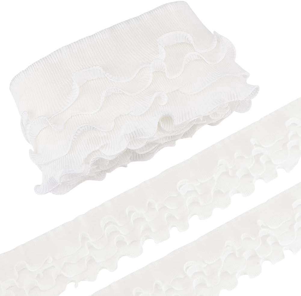 WHITE PLEATED CHIFFON LACE RIBBON - 1 YARD, 4 INCH WIDE, 3 LAYERS WITH FRINGE FOR WEDDING DECOR & SEWING