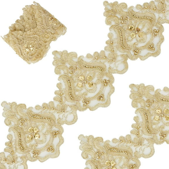 3 Yards 5 Inch Gold Venice Lace Trim Embroidery Scalloped Sewing Trims Wave Pattern Flower Beaded Edge Ribbon Wedding Applique