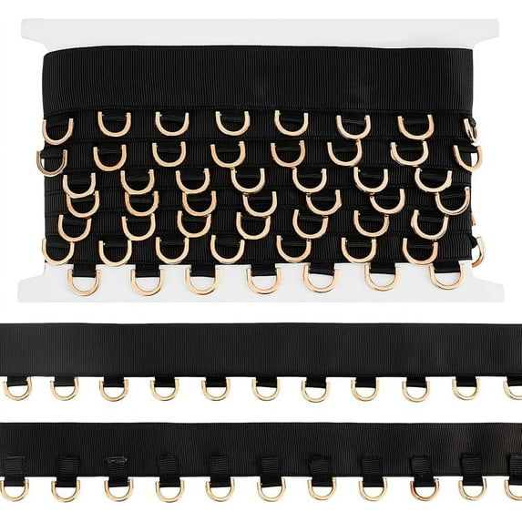 3 Yards Black Grommet Trim with Gold D Rings 1-1/8Inch Polyester Grommet Eyelet Twill Tape Trim Metal Eyelet Ring Ribbon Strip for Sewing Crafts Making