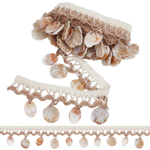 3 Yards Ethnic Style Cotton Fringe Lace Ribbon Lace Trimming with Resin & Shell Tassel Floral White 1-1/2 inch(37mm)