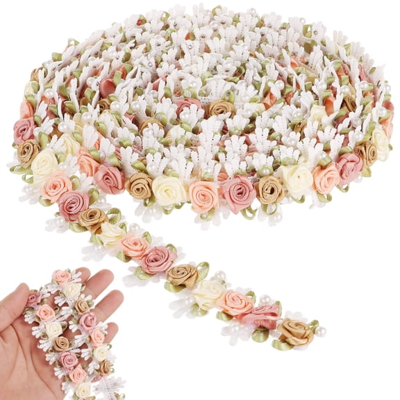 3 Yards Flower Lace Edge Trim, 3D Floral Embroidered Lace Trim, Multicolor Ribbon Rose Pearl Beads Applique, DIY Decoration Craft Supplies for Clothes, Headbands, Bags