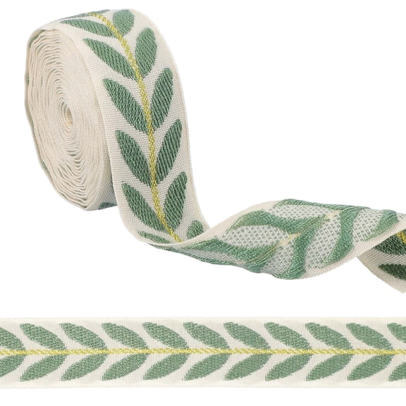 3 Yards Jacquard Ribbon Trim, 0.98 Inch Leaf Pattern Decorative Fabric Woven Embroidery Trim for Sewing Crafts, Dark Green