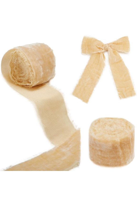 3 Yards Light Green Velvet Ribbon 2 Inch Wide Frayed Edge Ribbon Fringe 1mm Thick Velvet Ribbon Raw Edge Rustic Wedding Ribbon Silk Velvet Ribbon for Bouquet Gift Wrapping Wedding Decor for DIY Camel