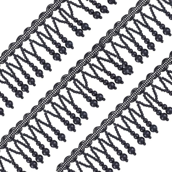 3 Yards Pearl Beads Tassel Lace Ribbon Polyester Ribbons Tassel Trim Applique Fringe with Hanging Pearl Beads DIY for Sewing Wedding Bridal Dress Decor Black