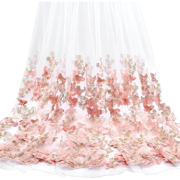 3 Yards Pink 3D Butterfly Flower Embroidered Tulle Lace Fabric 68.5inch Wide Polyester Floral Butterfly Embroidery Pattern Fabric for Wedding Dresses DIY Costumes & Home Decor
