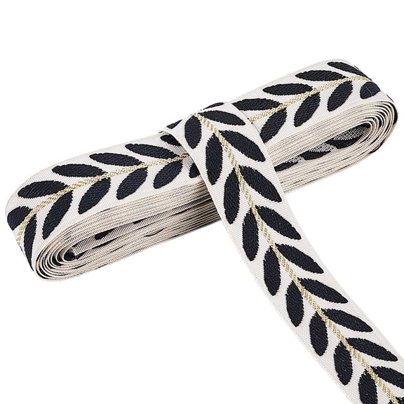 3 Yards Polyester Leaf Jacquard Ribbons Black 1 inch(25.5mm) about 3.00 Yards(2.74m)/Skein