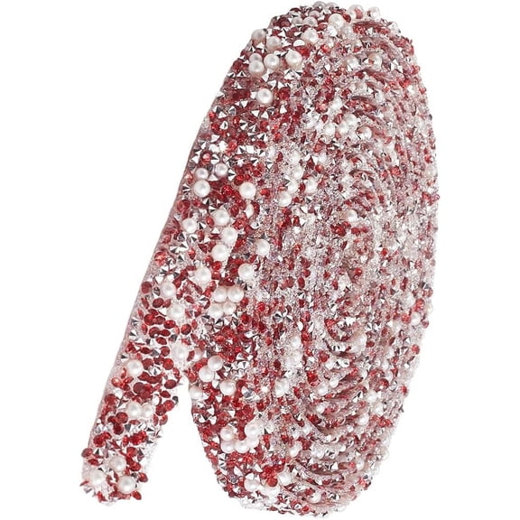 3 Yards Red Self Adhesive Resin Rhinestones Ribbon Trim Bling Glitter Rhinestone Diamond Crystal Pearl Bead Strips Belt Roll Iron on Stickers for Craft Shoes Clothing Decor Wedding Dresses