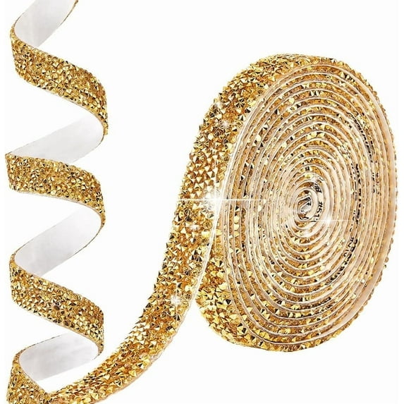 3 Yards Resin Rhinestone Ribbons Self Adhesive Diamond Roll Gold Bling Glitter Crystal Strips Sticker Tape Shiny Rhinestones Trim for Crafting Arts DIY Wedding Christmas Party Clothing Decor